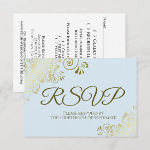 Tarjeta De Confirmación De Asistencia Azul Polvo con Encaje Dorado Elegante Boda Frilly