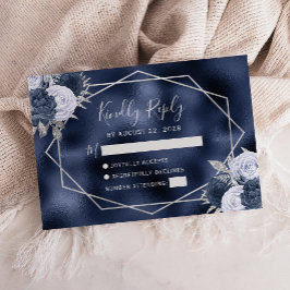 Tarjeta De Confirmación De Asistencia Azul Polvoriento Floral Geométrico Plata Navy Hoja