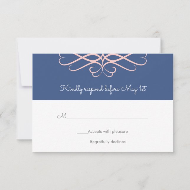 Tarjeta De Confirmación De Asistencia Azul rosa y denim, Boda elegante floreciente (Anverso)