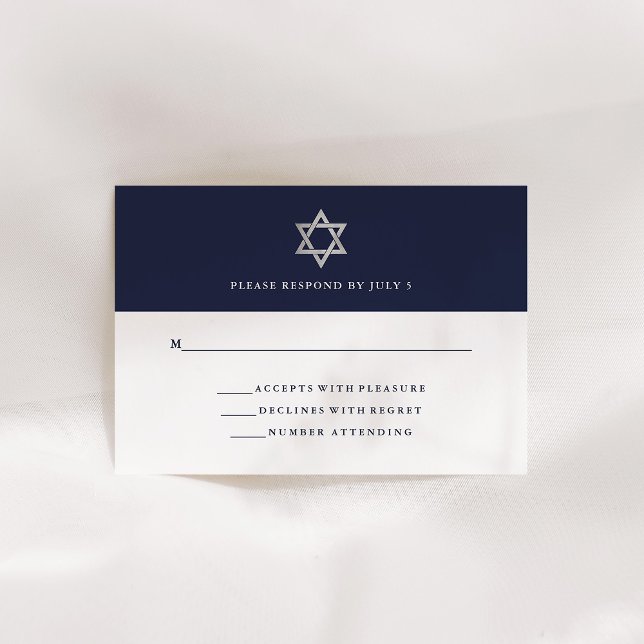 Tarjeta De Confirmación De Asistencia Azul y blanco clásicos de medianoche | Bar Mitzvah (Classic midnight blue and white Bar Mitzvah rsvp with a silver Star of David)
