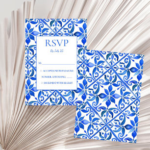 Tarjeta De Confirmación De Asistencia Azulejos de Talavera azules boda mexicana vintage