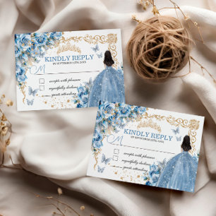 Tarjeta De Confirmación De Asistencia Baby Blue Oro Quinceañera Princesa Mariposa