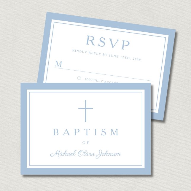 Tarjeta De Confirmación De Asistencia Baby Blue Religious Cross Boy Baptism  (Baby Blue Religious Cross Boy Baptism RSVP Card)