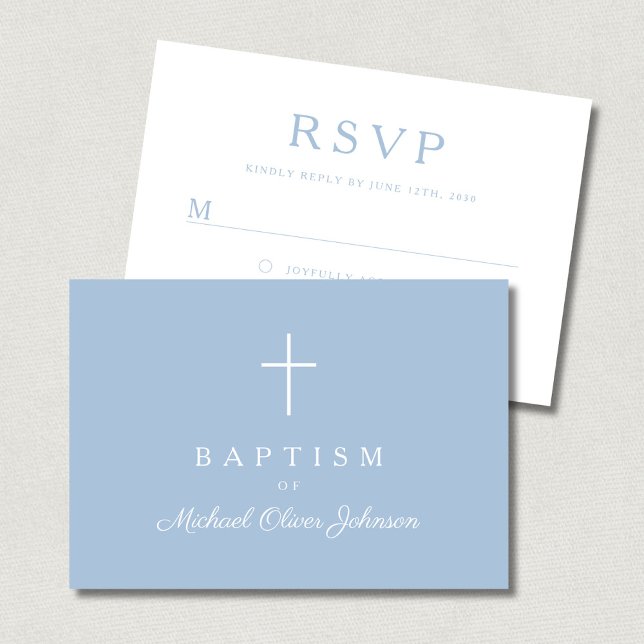 Tarjeta De Confirmación De Asistencia Baby Blue Religious Cross Boy Baptism  (Baby Blue Religious Cross Boy Baptism RSVP Card)