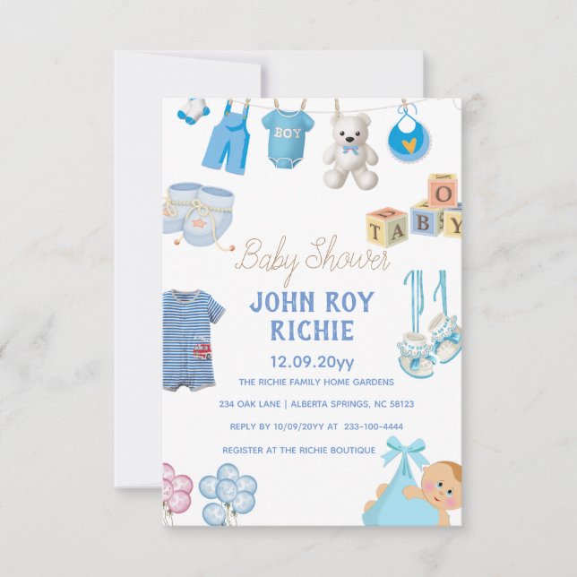 Tarjeta De Confirmación De Asistencia Baby Shower | Baby Boy Blue (Anverso)