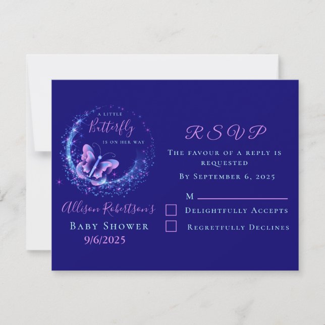 Tarjeta De Confirmación De Asistencia Baby Shower Chica de mariposa morada (Anverso)
