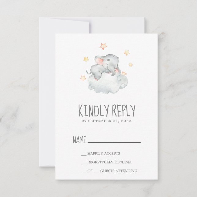 Tarjeta De Confirmación De Asistencia Baby Shower RSVP, pequeño elefante durmiente Chica (Anverso)
