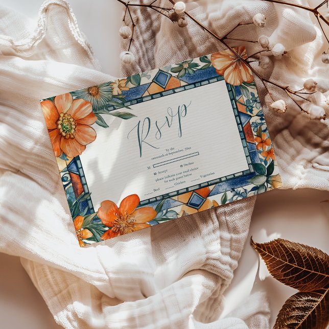 Tarjeta De Confirmación De Asistencia Baldosas mediterráneas florales blancas y azules m (Subido por el creador)