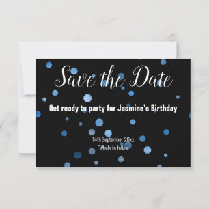 TARJETA DE CONFIRMACIÓN DE ASISTENCIA BALLÓN AZUL SPOT TODO NEGRO GUARDA LA FECHA