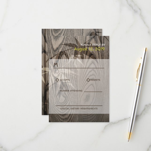 Tarjeta De Confirmación De Asistencia Bambú de madera marrón deja a Boda ruso asiático (Anverso/Reverso In Situ)