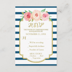 Tarjeta De Confirmación De Asistencia Bandas de la marina Flores rosadas Boda de oro RSV