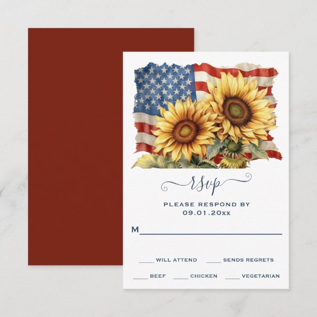 Tarjeta De Confirmación De Asistencia Bandera Patriótica Americana Boda del Girasol (Anverso / Reverso)