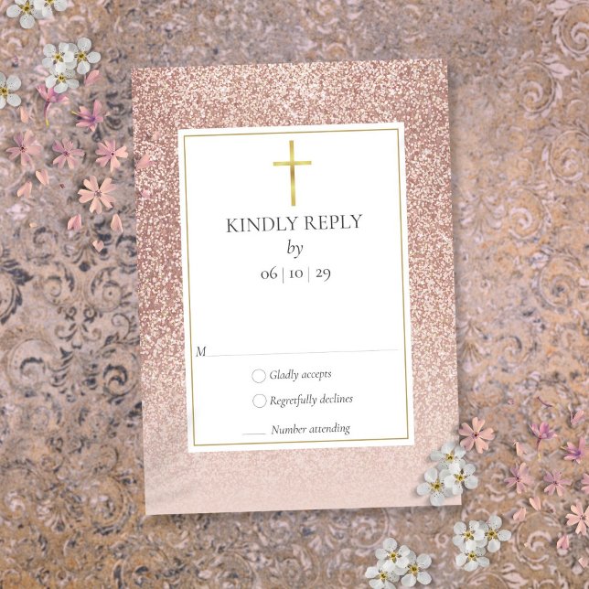 Tarjeta De Confirmación De Asistencia Baptismo Christening First Holy Communia Rosa Gold (Baptism Christening First Holy Communion Rose Gold RSVP Card)