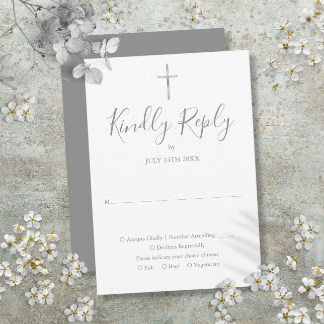 Tarjeta De Confirmación De Asistencia Baptismo Christening First Holy Communia Silver (Baptism Christening First Holy Communion Silver RSVP Card)