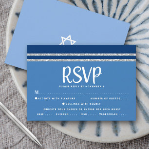 Tarjeta De Confirmación De Asistencia Bar Mitzvah Azul Plata Tallit Script Negrita Moder