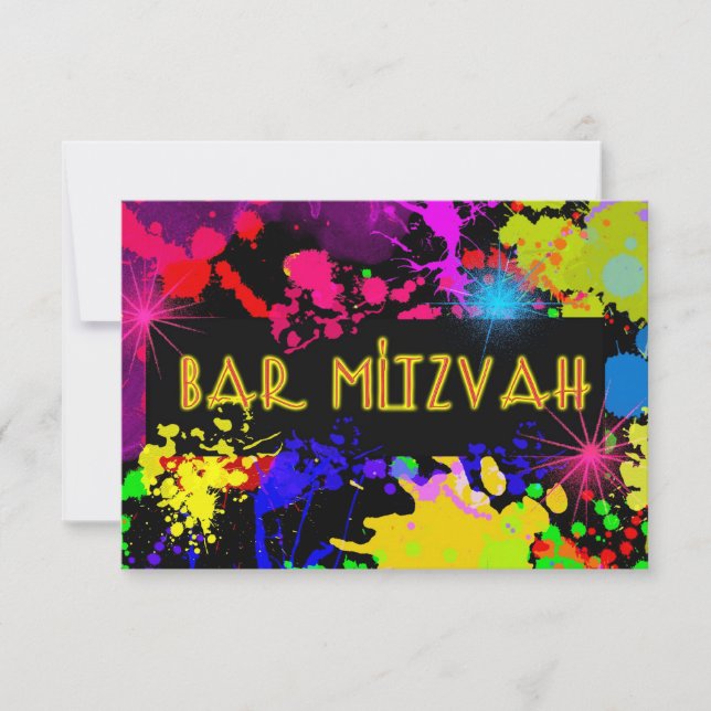 Tarjeta De Confirmación De Asistencia Bar Mitzvah, salpicadura de pintura de neón, perso (Anverso)