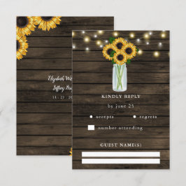 Tarjeta De Confirmación De Asistencia Barn Wood String ilumina a Sunflowers Boda