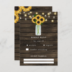 Tarjeta De Confirmación De Asistencia Barn Wood String ilumina a Sunflowers Boda