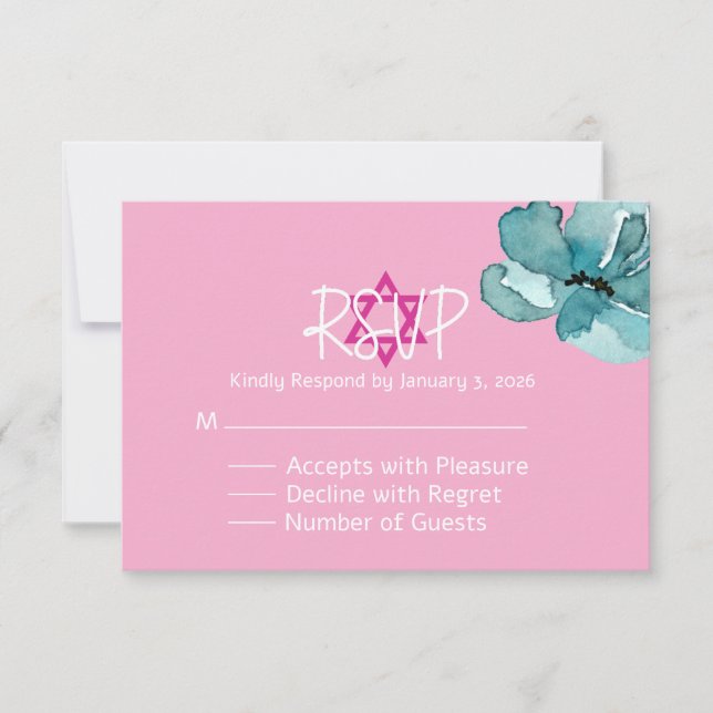 Tarjeta De Confirmación De Asistencia Bat floral rosa y blanco Mitzvah Response Card (Anverso)
