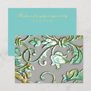 Tarjeta De Confirmación De Asistencia Bat Mitzvah Aqua Green Gold y Gray Damask