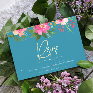Tarjeta De Confirmación De Asistencia Bat Mitzvah Azul Acuarela Floral Guión Dorado