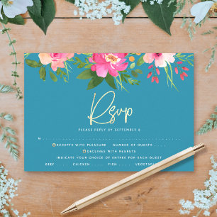 Tarjeta De Confirmación De Asistencia Bat Mitzvah Azul Floral Acuarela Guion Dorado