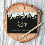 Tarjeta De Confirmación De Asistencia Bat Mitzvah Black Gold Script Floral Watercolor<br><div class="desc">Estar orgulloso, regocijarse y celebrar este hito de su Bat Mitzvah favorito con esta sofisticada y personalizada tarjeta de inserción RSVP para su evento! Una moda, impresionante, blanca y dorada purpurina acuarela floral con una tipografía de escritura de Relieve metalizado de oro falsa y tipo san serif blanco, sobrepone un...</div>