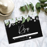 Tarjeta De Confirmación De Asistencia Bat Mitzvah Black Silver Script Floral Watercolor<br><div class="desc">Estar orgulloso, regocijarse y celebrar este hito de su Bat Mitzvah favorito con esta sofisticada y personalizada tarjeta de inserción RSVP para su evento! Una acuarela floral de moda, impresionante, blanca y dorada purpurina con una tipografía de escritura de Relieve metalizado plateado faux y serif de sans blancos superpone un...</div>