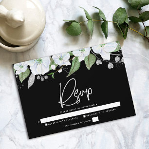 Tarjeta De Confirmación De Asistencia Bat Mitzvah Black Silver Script Floral Watercolor