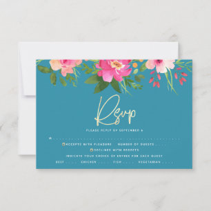 Tarjeta De Confirmación De Asistencia Bat Mitzvah Blue Floral Watercolor Gold Script