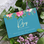Tarjeta De Confirmación De Asistencia Bat Mitzvah Blue Watercolor Floral Gold Script<br><div class="desc">Estar orgulloso, regocijarse y celebrar este hito de su Bat Mitzvah favorito con esta sofisticada y personalizada tarjeta de inserción RSVP para su evento! Una acuarela floral impresionante, rosa y melocotón, con una tipografía de Relieve metalizado dorado falso y un tipo serif moderno de sans blancos superponen un polvoriento fondo...</div>