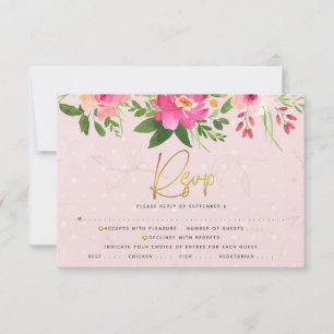 Tarjeta De Confirmación De Asistencia Bat Mitzvah Floral Rosa Acuarela Tipografía Dorada