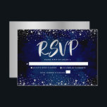 Tarjeta De Confirmación De Asistencia Bat Mitzvah Navy Silver Purpurina Script Watercolo<br><div class="desc">¡Estén orgullosos, regocijaos y exhiban este hito de su Bat Mitzvah favorito! Incluya esta impresionante, moderna y personalizada tarjeta de inserción RSVP para su evento. El guión gráfico de la caligrafía del Relieve metalizado plateado falso y el confeti superponen un rico fondo de color azul marino dramático. Personalice el texto...</div>