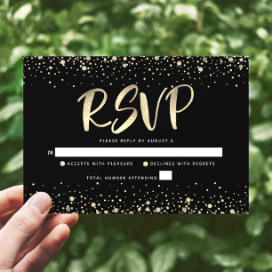 Tarjeta De Confirmación De Asistencia Bat Mitzvah Negro Oro Holográfico Glitter Script M