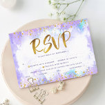 Tarjeta De Confirmación De Asistencia Bat Mitzvah oro Relieve metalizado color morado ag<br><div class="desc">¡Estén orgullosos, regocijaos y exhiban este hito de su Bat Mitzvah favorito! Incluya este impresionante, moderno y brillante Relieve metalizado de imitación dorada y puntos purpurinas y escritura tipográfica contra un suave fondo de color morado, tarjeta de inserción RSVP personalizada para su evento. Personalice el texto del personalizado con las...</div>