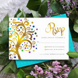 Tarjeta De Confirmación De Asistencia Bat Mitzvah Relieve metalizado dorado moderno Árbo<br><div class="desc">¡Estén orgullosos, regocijaos y exhiban este hito de su Bat Mitzvah favorito! Incluye este gráfico árbol de Relieve metalizado de oro falso con estrella de David brillante, turquesa, verde azulada, morada y azul y "hojas" de punto sobre un fondo blanco, RSVP personalizada insertar tarjeta para tu evento. En la parte...</div>