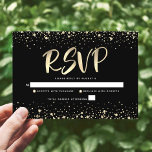 Tarjeta De Confirmación De Asistencia Bat Mitzvah Relieve metalizado dorado negro guión<br><div class="desc">¡Estén orgullosos, regocijaos y exhiban este hito de su Bat Mitzvah favorito! Incluya esta impresionante, moderna y personalizada tarjeta de inserción RSVP para su evento. El guión gráfico de la caligrafía del Relieve metalizado de oro falso y el confeti superponen un rico, dramático fondo negro. Personalice el texto del personalizado...</div>