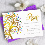 Tarjeta De Confirmación De Asistencia Bat Mitzvah Relieve metalizado dorado púrpura árbo<br><div class="desc">¡Estén orgullosos, regocijaos y exhiban este hito de su Bat Mitzvah favorito! Incluye este gráfico árbol de Relieve metalizado de oro falso con estrella de David brillante, turquesa, verde azulada, morada y azul y "hojas" de punto sobre un fondo blanco, RSVP personalizada insertar tarjeta para tu evento. Un diminuto y...</div>