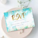 Tarjeta De Confirmación De Asistencia Bat Mitzvah Relieve metalizado oro moderno color t<br><div class="desc">¡Estén orgullosos, regocijaos y exhiban este hito de su Bat Mitzvah favorito! Incluya este impresionante, moderno y brillante Relieve metalizado de imitación dorada, puntos purpurinas y guión de tipografía contra un fondo de color turquesa, tarjeta de inserción RSVP personalizada para su evento. Personalice el texto del personalizado con la fecha...</div>