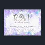 Tarjeta De Confirmación De Asistencia Bat Mitzvah Relieve metalizado plateado color mora<br><div class="desc">¡Estén orgullosos, regocijaos y exhiban este hito de su Bat Mitzvah favorito! Incluya este impresionante, moderno y brillante Relieve metalizado de imitación plateado y puntos purpurinas y escritura tipográfica contra un suave fondo de color morado, tarjeta de inserción RSVP personalizada para su evento. Personalice el texto del personalizado con las...</div>