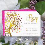 Tarjeta De Confirmación De Asistencia Bat Mitzvah Relieve metalizado Rojo de oro moderno<br><div class="desc">¡Estén orgullosos, regocijaos y exhiban este hito de su Bat Mitzvah favorito! Incluya este gráfico árbol de Relieve metalizado de oro falso con la estrella de David rosa brillante, naranja y roja y "hojas" de punto en un fondo blanco, RSVP personalizada tarjeta de inserción para su evento. Un diminuto y...</div>