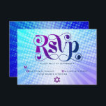 Tarjeta De Confirmación De Asistencia Bat Mitzvah Retro Boho Blue Purple Gradiente Negri<br><div class="desc">¡Estén orgullosos, regocijaos y exhiban este hito de su Bat Mitzvah favorito! Incluya esta tarjeta de inserción de RSVP personalizada, retro, para su evento. Tipografía divertida, de moda, audaz morada y azul marino con la tipografía moderna sans serif superpone un fondo de rayos pop turquesa y morado gradiente con puntos...</div>