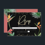 Tarjeta De Confirmación De Asistencia Bat Mitzvah Tropical Black Gold Palm Watercolor<br><div class="desc">Estar orgulloso, regocijarse y celebrar este hito de su Bat Mitzvah favorito con esta sofisticada y personalizada tarjeta de inserción RSVP para su evento! Elegantes, impresionantes, coloridas, aves acuáticas tropicales de flores del paraíso, escritura manuscrita de oro falsa, puntos Star of David y purpurinas, junto con modernos sans serif, superponen...</div>