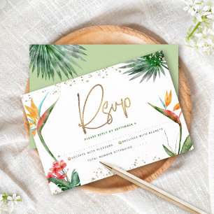 Tarjeta De Confirmación De Asistencia Bat Mitzvah Tropical Dorado Script Flora Aquarela