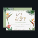 Tarjeta De Confirmación De Asistencia Bat Mitzvah Tropical Gold Script Floral Watercolor<br><div class="desc">Estar orgulloso, regocijarse y celebrar este hito de su Bat Mitzvah favorito con esta sofisticada y personalizada tarjeta de inserción RSVP para su evento! Elegantes, impresionantes, coloridas, aves acuáticas tropicales de flores del paraíso, escritura falsa de oro manuscrita, puntos Star of David y purpurina, junto con sans serif modernos verdes...</div>