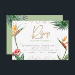 Tarjeta De Confirmación De Asistencia Bat Mitzvah Tropical Gold Script Palm Watercolor<br><div class="desc">Estar orgulloso, regocijarse y celebrar este hito de su Bat Mitzvah favorito con esta sofisticada y personalizada tarjeta de inserción RSVP para su evento! Elegantes, impresionantes, coloridas, aves acuáticas tropicales de flores del paraíso, escritura falsa de oro manuscrita, puntos Star of David y purpurina, junto con sans serif modernos verdes...</div>