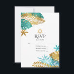 Tarjeta De Confirmación De Asistencia Bat Mitzvah verde azulado y Tropical de Oro<br><div class="desc">Celebra tu Bat Mitzvah con esta elegante y moderna tarjeta RSVP. Con un diseño de hojas de palma verde azuladas y doradas con una destacada estrella de David, esta carta combina perfectamente un tema tropical con elementos judíos tradicionales. Totalmente personalizable, es ideal para marcar la pauta de una celebración única...</div>