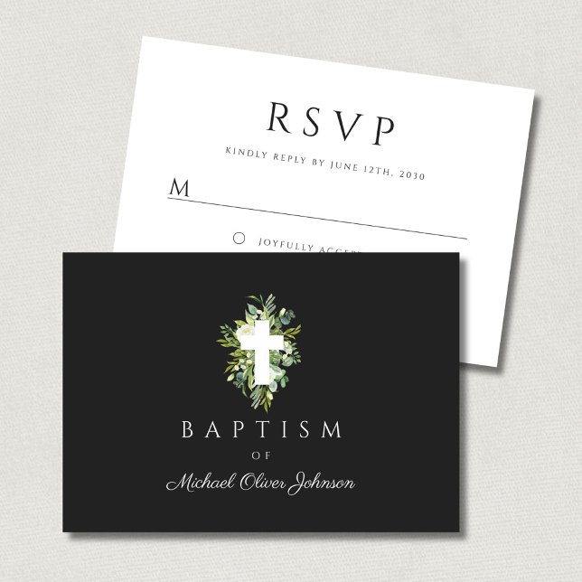 Tarjeta De Confirmación De Asistencia Bautismo Botánico Verde Cruzado Religioso (Religious Cross Green Botanical Baptism RSVP Card)