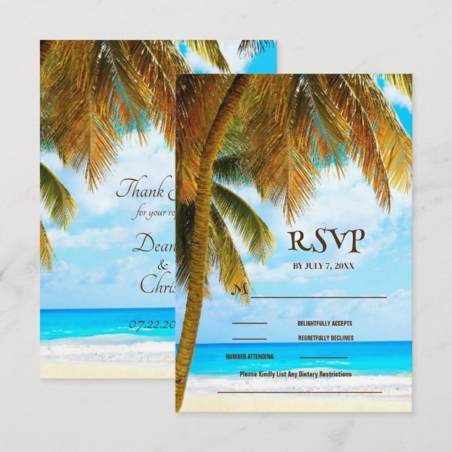 Tarjeta De Confirmación De Asistencia Beach Palm Trees Ocean Destination Wedding (Anverso / Reverso)