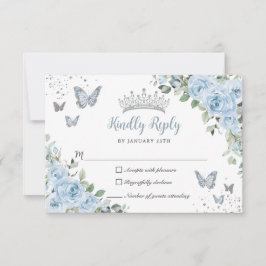 Tarjeta De Confirmación De Asistencia Bebé Azul Floral Mariposas Plata Quinceañera